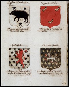 Blasons of Knights of the Round Table: 1. Brallain, ridderen med to svinger, 2. The Knight of Norgales, 3. Gallehault, 4. The Amorate of Lystenois. sd. 1800-tallet. av Unknown artist