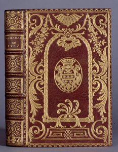 Bokomslag, innbinding med ornamenter varierer til armene til cotte-familien til en almanakk fra 1747. Paris, Dekorativ kunst av Unknown artist
