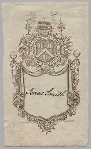 Bokskilt: Våpenskjold med Isaac Smith påskrevet av Unknown artist