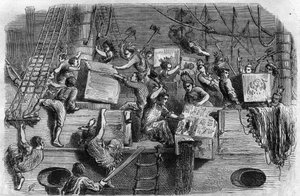 Boston teselskap. USAs uavhengighetskrig: opprør fra amerikanske nybyggere (av Storbritannias opprinnelse) mot skatter pålagt av det engelske parlamentet på te og andre matvarer. De forkle seg som indianere og kaster lasten av teen i havet av Unknown artist