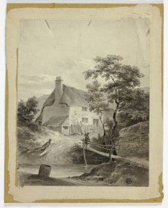 Gutt på broen utenfor en hytte av Unknown artist