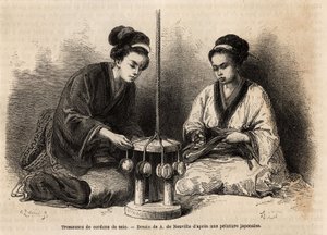 Fletter av silkesnorer, i deres verksted i Yedo (eller Edo, dagens Tokyo); disse flettene er svært utvidede siden de brukes til å arrangere og vedlikeholde militære og sivile kostymer (japanerne ignorerer knappen og klipsen for å knytte klærne). Engra av Unknown artist