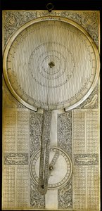 Messinginstrument kjent som "Jovilabe" (Jovilabium) projisert etter studier av Jupiters satellittperioder av astronomen Galileo Galilei (Galilee) (1564-1642) rundt 1610. 1650-1700 Firenze, Istituto e Museo di Storia delle Scienze. av Unknown artist