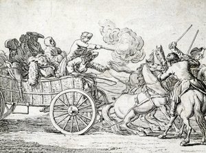 Brigander angriper passasjerer på en vogn. Gravering av en anonym fra 1700-tallet. av Unknown artist