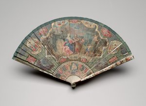 Brisé-vifte med spåkone og kinoseriemotiver, ca. 1700-25 (gouache på elfenbensblader, silkebånd, skilpaddeskall, limperler og messingløkke) av Unknown artist