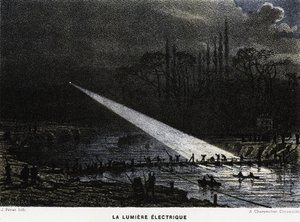 Bygging av forsvarsverk over Seinen om natten ved hjelp av buelys. Fransk-prøyssisk vorte av Unknown artist