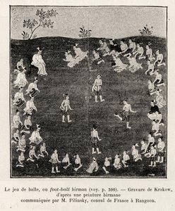 Burmesisk fotball eller ballspill. Gravering av Krakow for å illustrere historien «Femten dager i Burma», av E.Cavaglion, i 1886, i Le tour du Monde 1892, regissert av Edouard Charton (1807-1891), Hachette, Paris. av Unknown artist