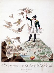 Tegneserie om Napoleon I avbildet på en høyde dekket med skjeletter og holder et stearinlys som brenner vingene til karakterer (Merlin de douai, Regnault...) representert i flaggermus. - i Napoleon I, karikaturer, dummysamling. 1814 - 1815. B.H.V.P. av Unknown artist