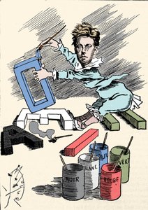 Tegneserie som viser poeten Arthur Rimbaud (1854-1891) som dekker alfabetbokstaver med maleri. Gravering fra «Men of Today»» av Unknown artist