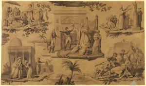 Tegneserie for trykt bomullstekstil: Franskmennene i Egypt [Les Francais en Egypte] av Unknown artist