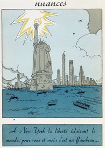 Tegneserie av Frihetsgudinnen i USA: "Frihet i New York lyser opp verden, for deg og jeg er det en fakkel" av Unknown artist