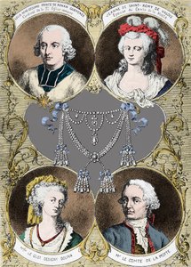 Etui av halskjedet til dronning Marie Antoinette - hovedpersonene i saken: Louis Rene Edouard de Rohan (Cardinal de Rohan), Jeanne de Valois Saint Remy (Valois-Saint-Remy), Count de la Motte og Mademoiselle Le Guet d