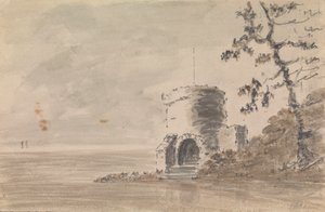 Slottsruin i landskapsscene med en innsjø av Unknown artist