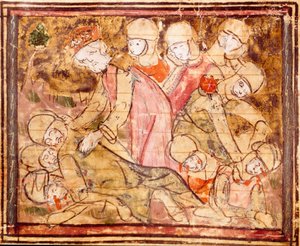Charlemagne (742-814) finner liket av nevøen Roland som døde i slaget ved Roncesvaux Miniature fra "" Grandes Chronicles de France"" 1375-1379 kommunale bibliotek, Castres av Unknown artist
