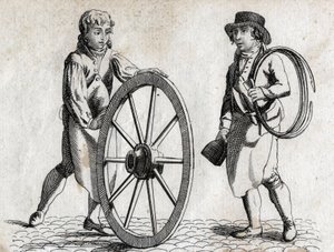 Charron with cart wheel and apprentice Engraving late 18th century. av Unknown artist