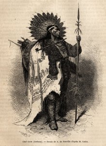 Chief Yellow Moccassin, fra Crow Indian-stammen, som bor langs Lewis River. Gravering for å illustrere en utflukt blant indianerstammene i bassengene i Colombia og Upper Missouri, av G. Catlin, i 1855, publisert i "" le tour du monde", under av Unknown artist
