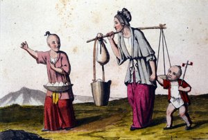 Kina. En kvinne som bærer vann i følge med 2 barn, den store bærer en kurv med ris. Trykk fra 1800-tallet. av Unknown artist
