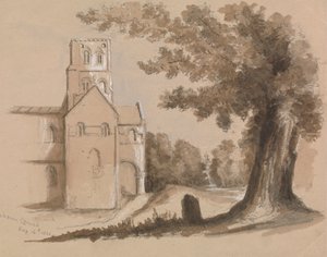 Kirke med tre og gravstein i forgrunnen av Unknown artist