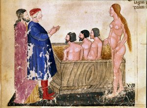 Circle of Adulators: Dante og Virgil møter Alessio Interminelli (eller Intermineii), Lord of Lucca og den prostituerte Thais. Opplyst side som illustrerer den 18. helvetesangen fra "Divina Commedia" av Dante Alighieri (1265-1321). 1300-tallet, Ve av Unknown artist