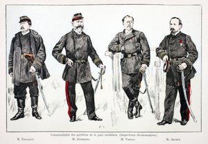 Kommandører for de mobiliserte fredsbevarerne (divisjonsinspektører), fra venstre mot høyre: Mr. Foucault, Mr. Giobergia, Mr. Vassal, Mr. Archer. Fargetsning, til illustrasjon "History of the Corps of Peacekeepers"" bok utgitt i regi av Unknown artist