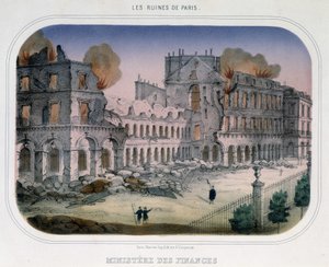 Commune de Paris: Brann i Finansdepartementet (på Tuilerienes tid) 24. mai 1871. Gravering fra 1800-tallet. av Unknown artist