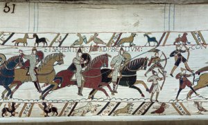 Erobringen av England av hertugen av Normandie Vilhelm Erobreren (1027-1087) i 1066: begynnelsen av slaget ved Hastings Detalj av Bayeux-teppet eller broderi av dronning Mathilde av Unknown artist