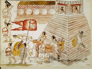 Erobring av Mexico: ødeleggelse av Tenochtitlan, hovedstaden i det aztekiske imperiet, av armeene til erobreren Hernan Cortes (Hernando Cortez) (1485-1547) 24.06.1520"" Miniatyr fra et manuskript av Unknown artist