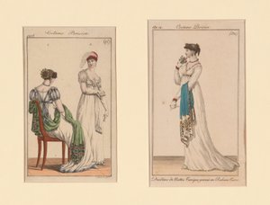 Moteplansjer med temaet «Parisisk kostyme» fra Journal des Dames et Des Modes and Costume Parisien (Tidsskriftet for damer og mote) av Unknown artist