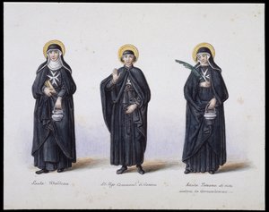 Kostymer: 1. Santa Ubaldesca, 2. St Ugo di Genova, 3. Santa Toscana di Vita. sd. 1800-tallet. av Unknown artist