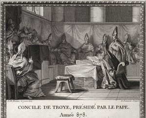 Konsilet i Troye 7. september 878. I mai 878 kom pave Johannes VIII truet av sarasenere og italienske adelsmenn for å søke tilflukt i Arles under hertug Boson og hans kone Ermengarde. Han følger ham i Troyes eller organiserer et stort råd. av Unknown artist