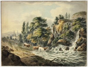 Kuflokk drevet til elven av Unknown artist