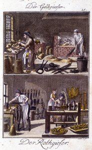 Håndverk: kobbersmelteverk og dinandier i verkstedene deres. I “” Omfattende beskrivelse av kunst og håndverk og verksteder for ungdom”” av Johan Peter Vire. Ed. Nürnberg, Weigel og Schneider av Unknown artist