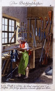 Håndverk: arkebusmakeren i verkstedet hans. I "" Omfattende beskrivelse av kunst og håndverk og verksteder for ungdom"" av Johan Peter Vue. Ed. Nürnberg, Weigel og Schneider av Unknown artist