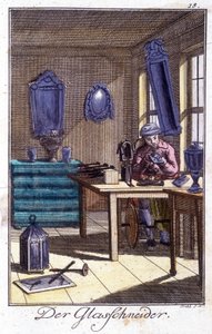 Håndverk: krystallmakeren i verkstedet hans. I "" Omfattende beskrivelse av kunst og håndverk og verksteder for ungdom"" av Johan Peter Vue. Ed. Nürnberg, Weigel og Schneider av Unknown artist
