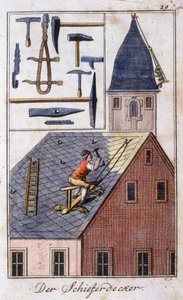 Håndverk: skifertakeren og dens arbeidsverktøy. I "" Omfattende beskrivelse av kunst og håndverk og verksteder for ungdom"" av Johan Peter Vue. Ed. Nürnberg, Weigel og Schneider av Unknown artist