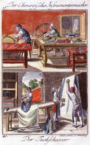 Håndverk: produsent av kirurgisk instrument (øverst) og hylsetrimmer (nederst) i deres verksted. I "" Omfattende beskrivelse av kunst og håndverk og verksteder for ungdom"" av Johan Peter Vue. Ed. Nürnberg, Weigel og Schneider av Unknown artist