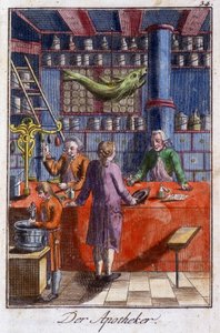 Håndverk: apotekeren (farmasøyten) i verkstedet hans. I “” Omfattende beskrivelse av kunst og håndverk og verksteder for ungdom”” av Johan Peter Vire. Ed. Nürnberg, Weigel og Schneider av Unknown artist