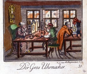 Håndverk: urmakeren i verkstedet sitt. I "" Omfattende beskrivelse av kunst og håndverk og verksteder for ungdom"" av Johan Peter Vue. Ed. Nürnberg, Weigel og Schneider av Unknown artist
