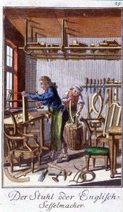 Håndverk: produsenten av stoler i verkstedet hans. I "" Omfattende beskrivelse av kunst og håndverk og verksteder for ungdom"" av Johan Peter Vue. Ed. Nürnberg, Weigel og Schneider av Unknown artist