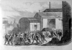 Creusot streik. Arbeiderne i omstillingsbutikkene frastøter de streikende. Gravering 1800-tallet. av Unknown artist