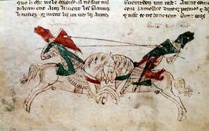 Cycle of King Arthur: "" Battle of Lancelot and Tristan"" Miniatyr hentet fra "" Romanen av Meliadus de Leonnoys: sammen flere andre edle bragder av ridderfaikter av kong Arthur, Palamedes og Galliot de Pre"" av Rustichello (Rustician, Rusticiano) o av Unknown artist