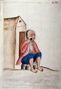 Daglig liv og skikker i Peru: "" Indisk barberer skjegget på dørstokken "" Akvarell hentet fra boken "" Trujillo del Peru "" av Baltasar Martinez Companon y Bajanda, biskop av Trujillo (1782-1785). Madrid fra 1700-tallet. Biblioteca del Palacio Real av Unknown artist