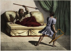 David spilte citar foran kong Saul for å blidgjøre ham. Anonym gravering fra midten av 1800-tallet. av Unknown artist
