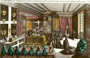 Kong Ludvig XIVs død: Ludvig XIVs likkammer (1638-1715), kjent som kong Soleil, overfalt til Versailles 1.09.1715. Gravering av privatsamlingen fra 1700-tallet av Unknown artist