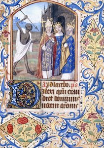 Døden med sitt spyd peker på tre skikkelser, en pave, en konge, en konge og en dronning, stående foran en gotisk kirke, ca. 1470 av Unknown artist