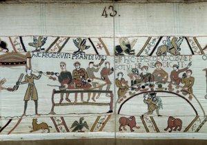 Debarques i England, armene til Vilhelm Erobreren (1027-1087) lager en fest mens de venter på å kjempe mot de saksiske våpnene til Harold II. Guillaume er omgitt av baroner og Eveque Odon-detaljen til Bayeux-teppet eller broderi av dronning Mathilde av Unknown artist