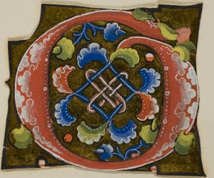 Dekorert initial «G» i rødt med konvensjonell blomst fra et manuskript av Unknown artist