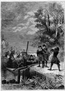 Denis Papin (1647-1712) physicist, mathematician and French inventor, looks at his boat equipped with his new invention, a steam machine system still unknown, destroyed by boatmen to sell some pieces. Engraving in “” La Nature”” av Unknown artist