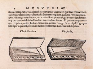 Beskrivelse av cembalo og spinett. Side fra Musurgia eller utøvelse av musikk av Unknown artist