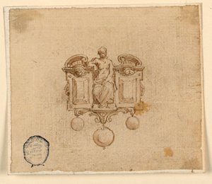 Design for Brosje with Woman in Broken Pedimet av Unknown artist